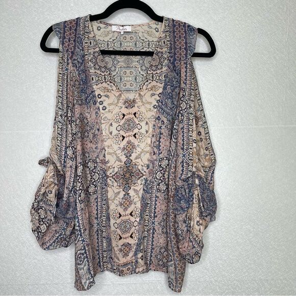 Parker Cold Shoulder Paisley Puff Sleeve 100% Silk Peasant Blouse - Picture 2 of 6